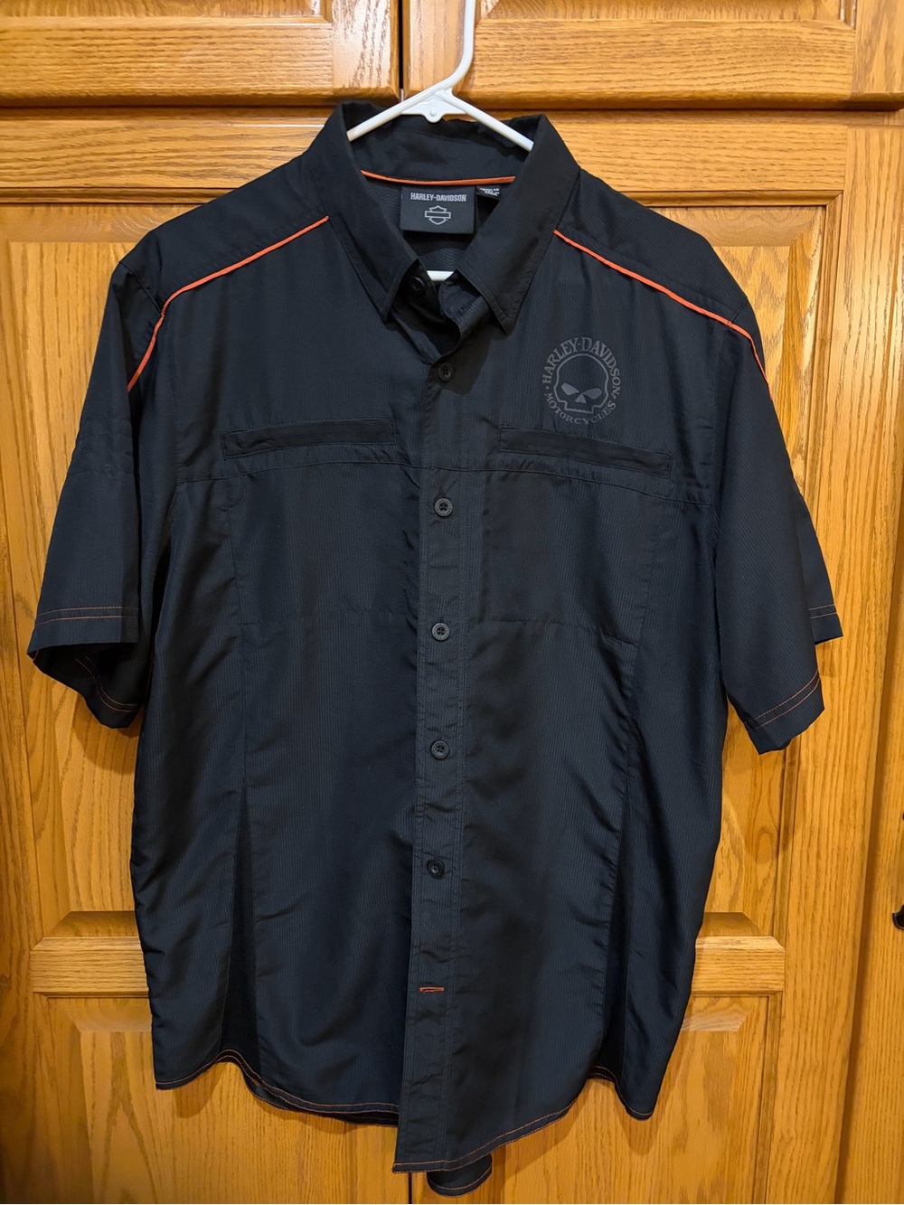 Harley-Davidson Black Short-Sleeve Button-Down Shirt with Orange Piping